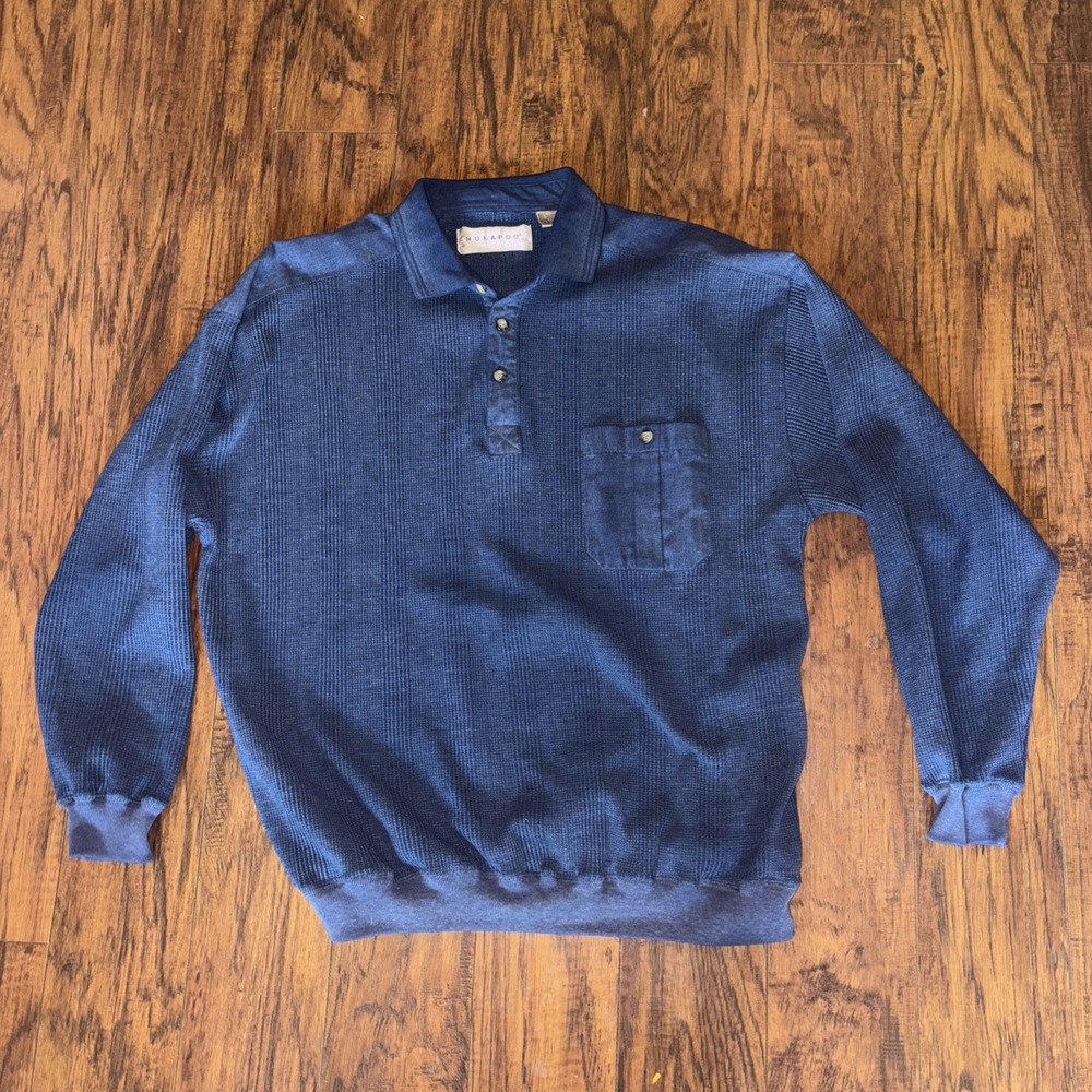 Vintage 80s Hukapoo Blue Textured Collar Polo Long Sleeve Shirt Mens L